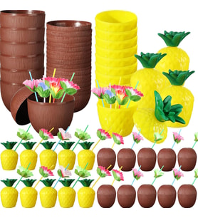 Tropikal Parti Bardak Seti – Ananas ve Hindistan Cevizi Şekilli Pipetli Bardaklar (20 Adet)