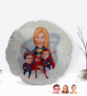 BK Gift Kişiye Özel Süper Anne Süper Çocuklar Karikatürlü Yuvarlak Dekoratif Kırlent Yastık-1