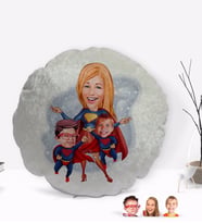 BK Gift Kişiye Özel Süper Anne Süper Çocuklar Karikatürlü Yuvarlak Dekoratif Kırlent Yastık-1