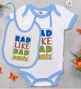 BK Kids Kişiye Özel Rad Like Dad Tasarımlı Mavi Bebek Body Zıbın ve Mama Önlüğü Hediye Seti