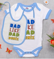 BK Kids Kişiye Özel Rad Like Dad Tasarımlı Mavi Bebek Body Zıbın ve Mama Önlüğü Hediye Seti