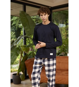 Kly 8058 Erkek Sıfır Yaka Ekose Uzun Kollu Pijama Takım (Lacivert)