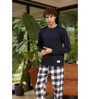 Kly 8058 Erkek Sıfır Yaka Ekose Uzun Kollu Pijama Takım (Lacivert)