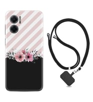 Xiaomi Redmi Note 11E Kılıf Resimli Boyun Askılı İpli Desenli Silikon Strip Pink Flowers 1396