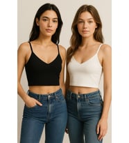 Kadın 2'li Paket Beyaz Siyah Kısa Crop İp Askılı V Yaka Krop Bluz Büstiyer