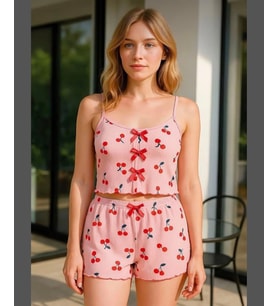 Intive Comfort Pembe Kiraz Desenli İnce Askılı Pijama Şort Takım