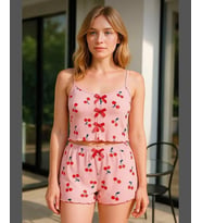 Intive Comfort Pembe Kiraz Desenli İnce Askılı Pijama Şort Takım