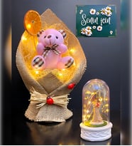 Premium Hediye Seti  Led Işıklı Şans Melekli Fanus ve Led Işıklı Pembe Ayıcık Buketi