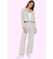 Kadın Geniş Paça Çizgili Pantolon Yüksek Bel Wide Leg Krep Dokuma Yaz Aylarının Vazgeçilmezi (Taş)