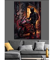Motosikleti Yanında Duran Kasklı Sürücü Dekoratif Kanvas - Mdf Ahşap Tablo