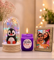 Kişiye Özel Fotoğraflı Renkli LED Işıklı Fanus (penguenli) ve Kokulu Cam Mum Seti