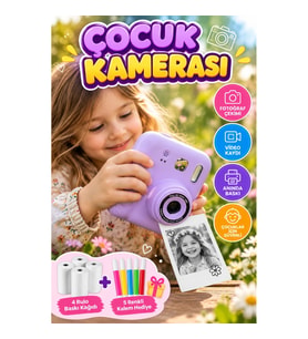 Mini Çocuk Kamerası Fotoğraf ve Video Çekim Cihazı Anında Baskı Özellikli 4 Rulo Kağıt ve 5 Renkli K