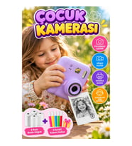 Mini Çocuk Kamerası Fotoğraf ve Video Çekim Cihazı Anında Baskı Özellikli 4 Rulo Kağıt ve 5 Renkli K