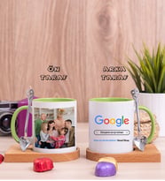 Mimara Hediye Google Tasarım Fotoğraflı Ahşap Altlıklı Yeşil Kupa