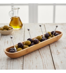 35cm Bambu Zeytinlik – Doğal Ahşap Oval Uzun Servis Tabağı Meze Sunumu, Çerezlik, Atıştırmalık Tabağı Çevre Dostu Mutfak ve Sofra Aksesuarı