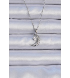 pilelistore 316L Çelik Zincir Gümüş Renk Zirkon Taşlı Sallantılı Ay Yıldız Kolye - TJ-BKO9062