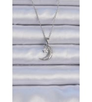 pilelistore 316L Çelik Zincir Gümüş Renk Zirkon Taşlı Sallantılı Ay Yıldız Kolye - TJ-BKO9062