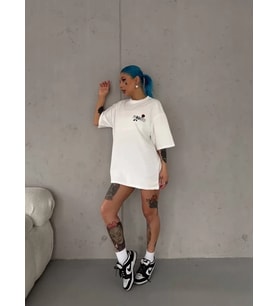 pilelistore- Unisex Bisiklet Yaka Baskılı Oversize T-Shirt - Beyaz