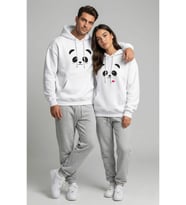 Nevermind Unisex Sevgili Çift Kombini Oversize Panda Baskılı Çift Hoodie (Beyaz)