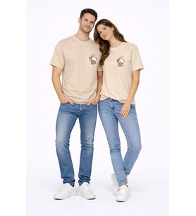 Sevgili Kombini Minimal Ayıcık Kalp Baskılı Çift Tişört Oversize Unisex 2’li Set (Bej)