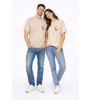 Sevgili Kombini Minimal Ayıcık Kalp Baskılı Çift Tişört Oversize Unisex 2’li Set (Bej)