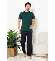 Erkek %100 Pamuklu Pijama Takımı-3 Düğmeli-Yaka Cepli 12384 ENİSENA (Petrol Yeşili)