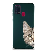 Samsung Galaxy M31 Soft Premier Kapak Catface Tasarımlı Silikon Kılıf - Yeşil (Şeffaf)
