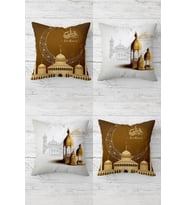 Ramazan Temalı Eid Mübarek Mescidli Gizli Fermuarlı Kırlent Kılıfı Koltuk Yastık Kılıf Takım(4adet) (Gri)