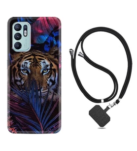 Oppo Reno 6 Kılıf Resimli Boyun Askılı İpli Desenli Silikon Flowers Tiger 1319