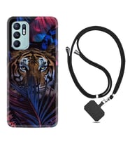 Oppo Reno 6 Kılıf Resimli Boyun Askılı İpli Desenli Silikon Flowers Tiger 1319