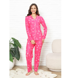 Kadın %100 Pamuk Pijama Takımı - Pat Yakalı-Baskılı ve Düğme Kapamalı 12354 ENİSENA (Pembe)