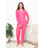 Kadın %100 Pamuk Pijama Takımı - Pat Yakalı-Baskılı ve Düğme Kapamalı 12354 ENİSENA (Pembe)
