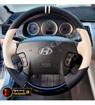Hyundai Sonata EF Dikme Direksiyon Kılıfı Delikli Deri Parlak Siyah Bej Detay Çift Yüzük ve Dikiş 2001-2005