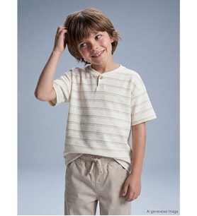 LCW Kids Bej Bisiklet Yaka Çizgili Erkek Çocuk Tişört
