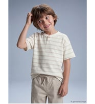 LCW Kids Bej Bisiklet Yaka Çizgili Erkek Çocuk Tişört