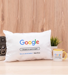 Kişiye Özel Google Tasarım Esprili Dikdörtgen Yastık ve Sarı Kupa