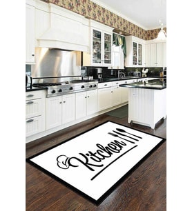 Beyaz Kaymaz Tabanlı Kitchen Yazılı Mutfak Halısı AR177