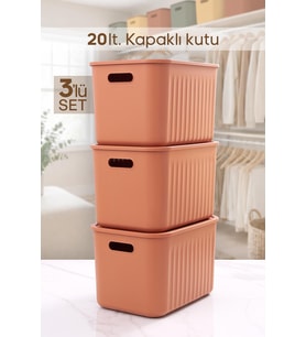 3 Adet Kiremit Rengi Dolap Düzenleyici 20 Lt Kapaklı Saklama Kutusu Sepet Oyuncak Kutusu Organizer