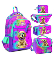 Coral High Mor Pembe Köpek Desenli Kız Çocuk Beşli Okul Çanta Seti - İlkokul İçin Uygun (Çok Renkli)