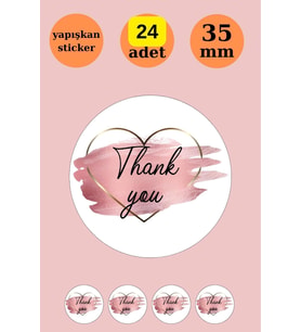 24 Adet - Thank You Kalpli Pembe Gold Sticker - Teşekkür Sticker - Teşekkür Etiket- Yuvarlak Sticker