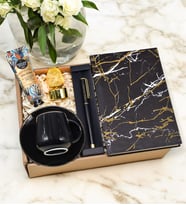 Kişiye Özel Siyah Gold Detaylı Roller Kalem& Siyah Mermer Desenli Defter& Gold Detaylı Siyah Tekli Fincan& Mini Yıldız Lamba& Eyüp Sabri Tuncer El Kremi Hediye Seti