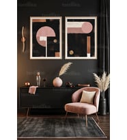 Pembe ve Altın Dokunuşlu Modern Soyut 2’li Ahşap Çerçeveli Tablo Seti