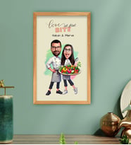 BK Gift Kişiye Özel Aşçı Çift Karikatürlü Ahşap Çerçeveli Tablo-1 40x25cm, Sevgililer Günü, Sevgiliye Hediye