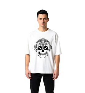 Erkek Oversize Tişört Kulaklıklı Kafatası Mandala Desen Baskılı Sanat Motifli Rahat Kesim Günlük
