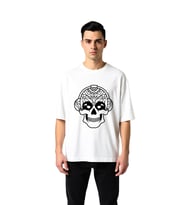 Erkek Oversize Tişört Kulaklıklı Kafatası Mandala Desen Baskılı Sanat Motifli Rahat Kesim Günlük