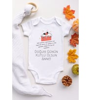 Unisex Bebek Beyaz Doğum Günü Anne Desenli Kısa Kol Body