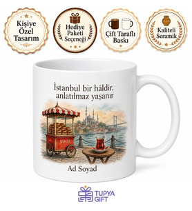 Simit ve Çay Temalı İstanbul Kupası Özel Baskılı Porselen Kupa Bardak Hediye