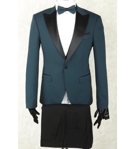 Damatlık Smokin - Full Set Slimfit Saten Geniş Sivri Yaka, Tek Düğme, Çift Yırtmaç ,Koyu Yeşil Drop 6 Yelek, Gömlek, Papyon Dahil