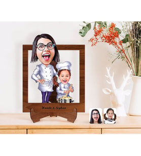 BK Gift Kişiye Özel Anneler Günü Temalı Anne Kız Chef Karikatürlü Ahşap Standlı 3D Biblo-1 (Beyaz)