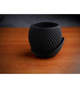 3D Baskı Küre Saksı - Kafes Dokulu İki Parçalı Dekoratif Saksı - Siyah-Siyah